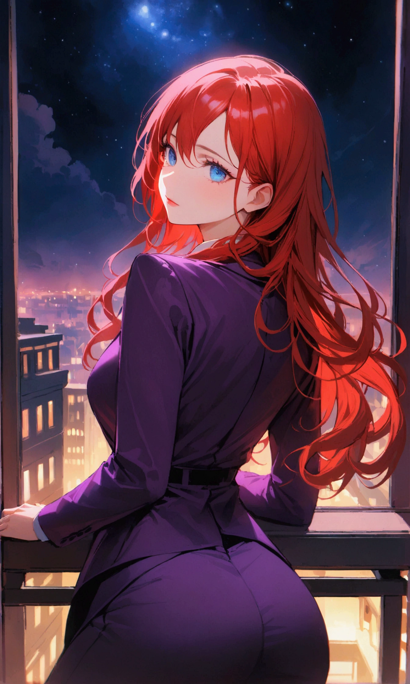 Woman with long red hair, blue eyes, purple suit turns her back on condo at night