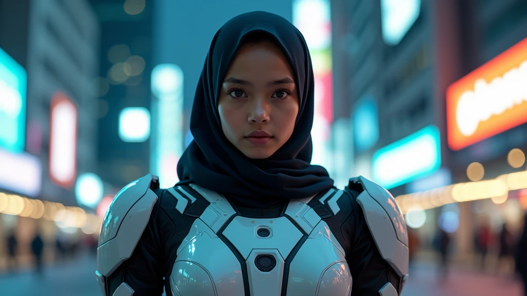 a malay age girl in hijab and mecha suit standing in action in front of bustling kuala lumpur malaysia city streets, serious face, nighttime, 35mm lens, Extreme close-up, pastel color grading, depth of field cinematography effect, film noir genre, 8k resolution, high quality, ultra detail