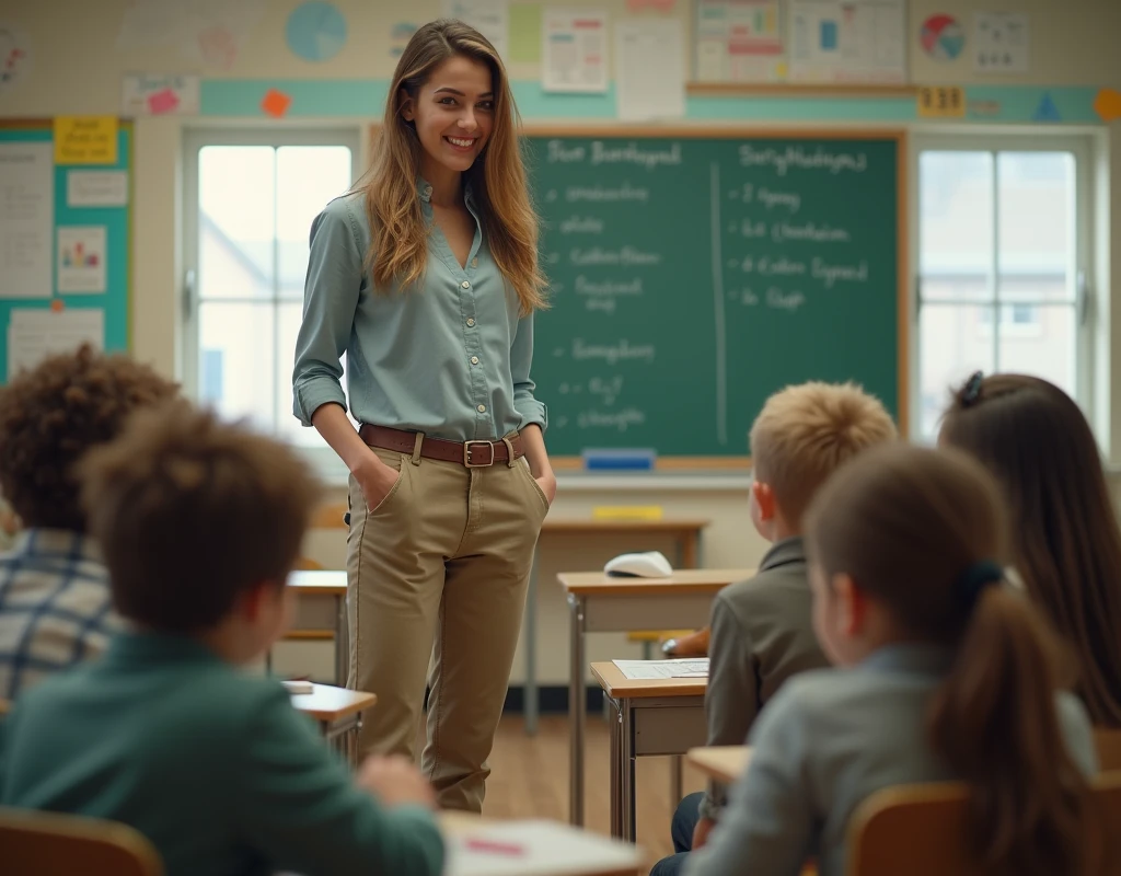 (raw photo, best quality) , (Realistic, photo-realistic: 1.4), extremely formidable general plan, masterpiece, ultra-detailed, high resolution, best illustration, best shadow, complex, depth of field, overall plan, beautiful female schoolteachers who court young children, in a classroom, she smiles and winks, the teacher has a real labrador tail on her back, the tail moves, the tail comes out of the back of her pants at the bottom of her back, she fidgets, detailed, 8k style photorealist, DSLR, high quality, (film grain: 1.4), Fujifilm XT3,