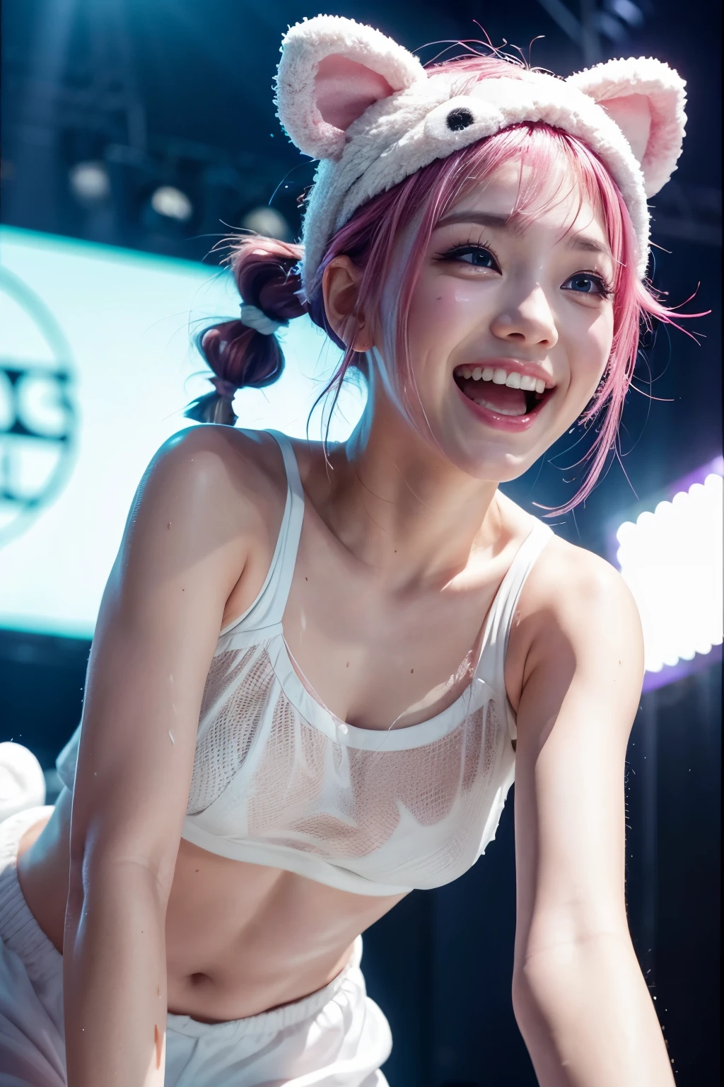 realistic, on the stage of the concert, brightly lit by spotlights on the stage, extremely bright lighting, wearing mascot headgear like an otter on head, wearing otter-like mascot-costume on the whole body, jumping, pink hair, pigtail hairstyle, hair is blowing in the wind, hair is shaggy and dishevelled, beautiful white-colored translucent skin and face, sweat splashes, glamorous figure, heavy and vivid makeup, small nose, smooth shaped jawline, glossy face, heavy flushed cheeks, big smile, close-up shot