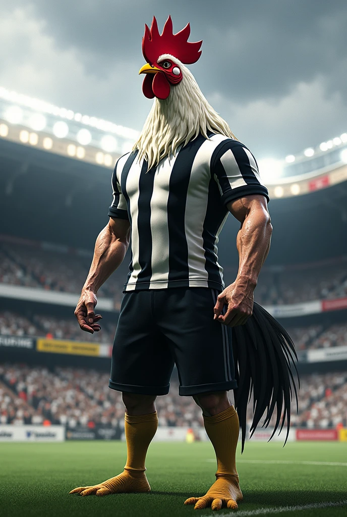 strong and avenging rooster in a human body with a black and white striped blouse without a symbol on the lawn of a stadiumwhere the advertising boards and stands have the colors black, white, gray and yellow. In the image we will have the words "5 participations".More