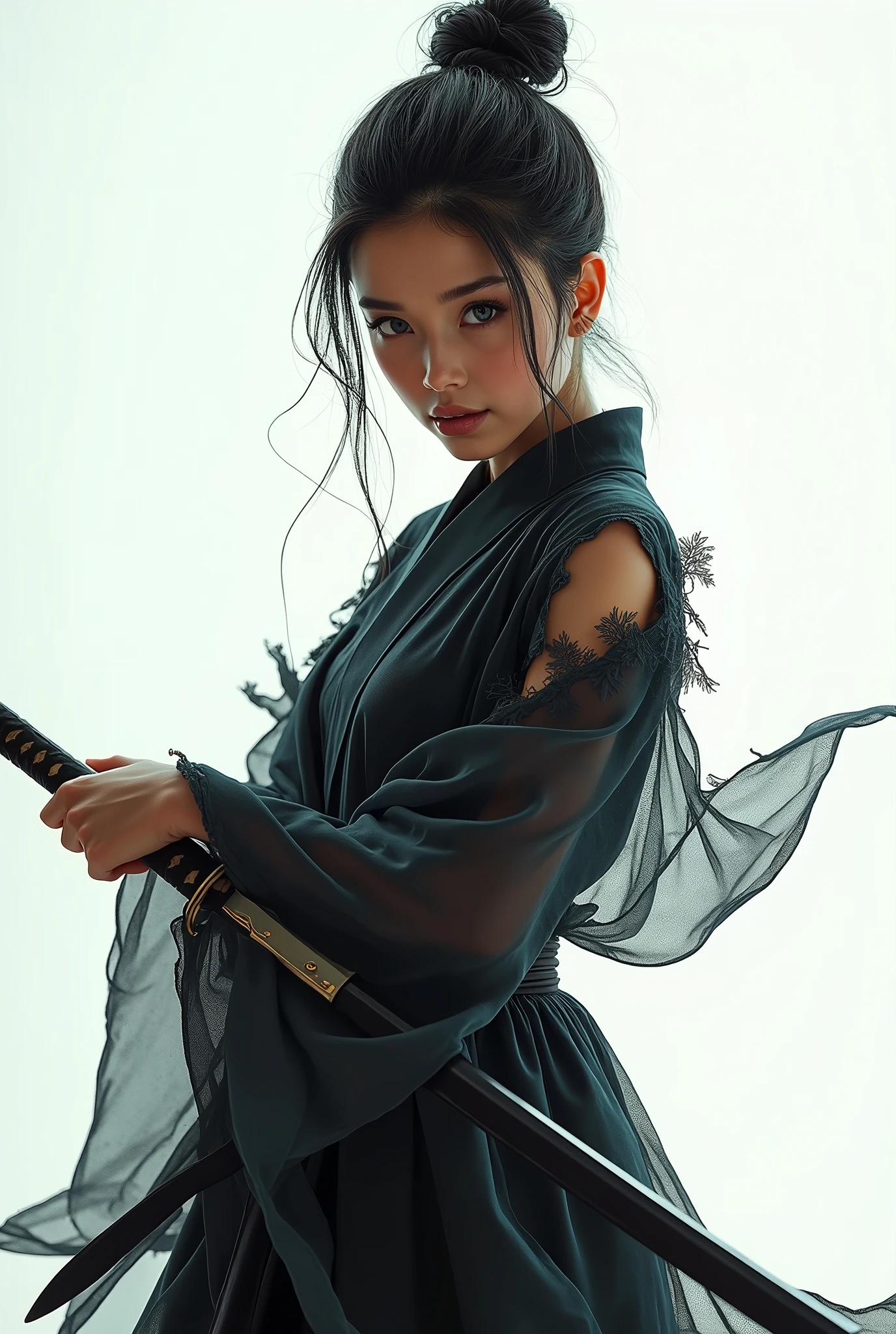 Highest quality, Realistic, Very detailed, finely, High resolution, 8k、Beautiful Japanese Ninja、with double teeth、A face with dimples、Delicate eyes、Facing forward、looking at the camera、White translucent torn clothes、Holding a sword