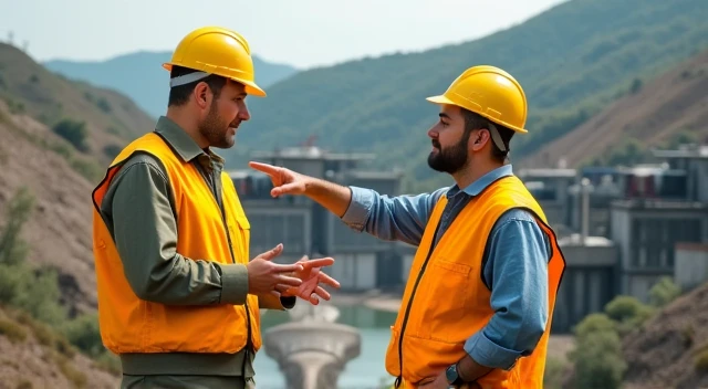 man with yellow vest and yellow helmet showing another man with the same clothing a hill with hydraulic mills

