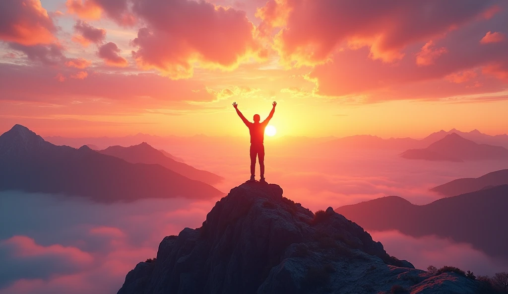 Here's a prompt for creating the image:

---

**"A vibrant and uplifting scene showing a person standing at the edge of a mountain peak during sunrise, looking towards the horizon with arms raised in victory. The sky is painted with hues of orange, pink, and purple, symbolizing hope and new beginnings. Below, the valley is covered with a layer of mist, representing the challenges that have been overcome. In the background, faint outlines of other peaks symbolize the continuous journey towards success. The overall atmosphere is one of triumph, inspiration, and endless possibilities."**

---

This prompt should work well for generating a motivational image!