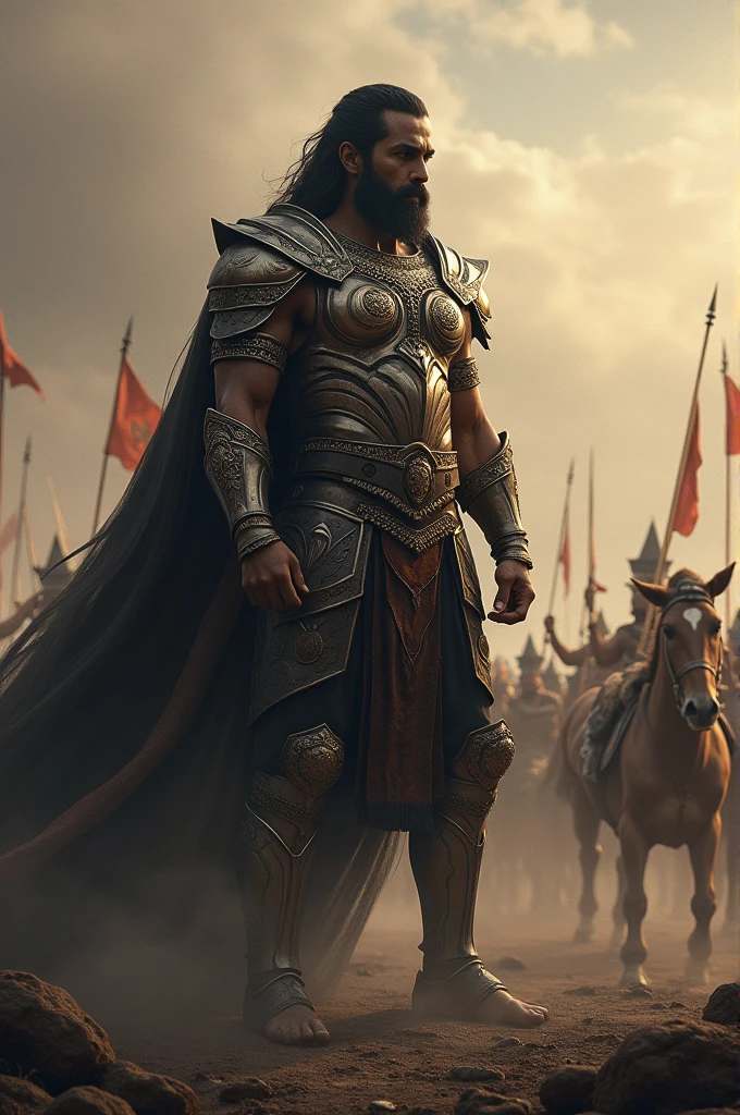 Karna standing in front of hole pandavas army in shadow