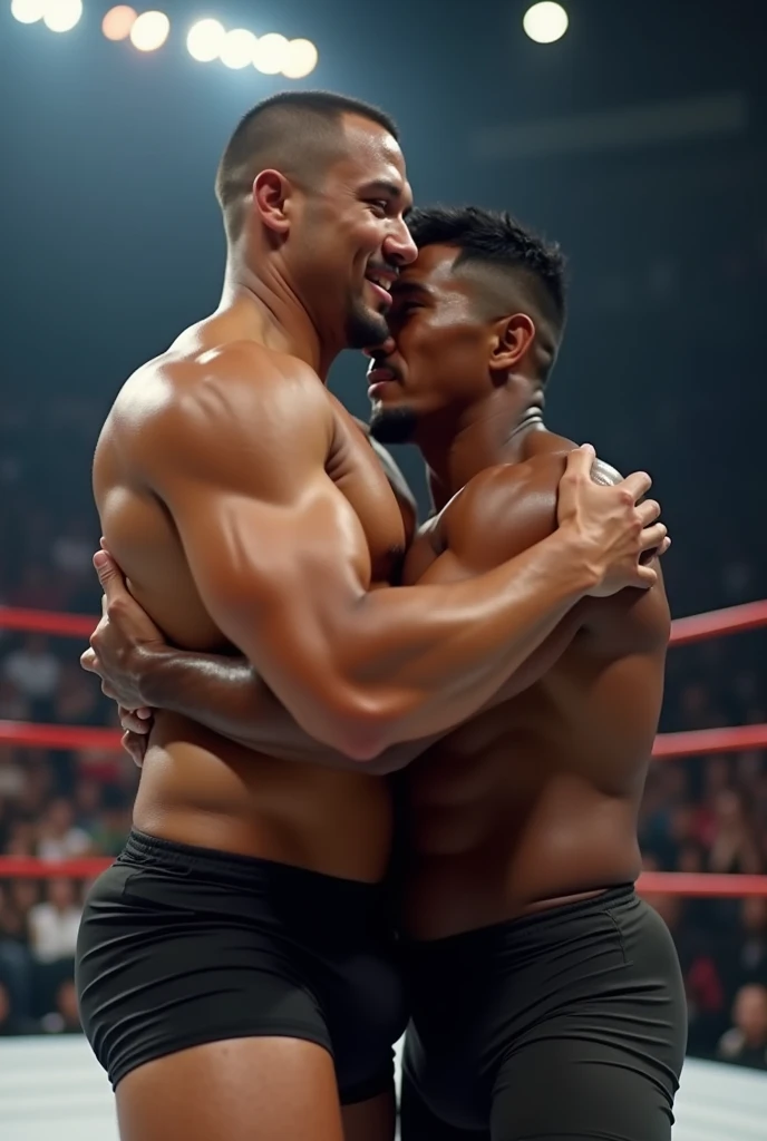 Professional wrestlers A and B are on the same team。
A is Asian。Muscular man with buzzcut。Wearing short tights。B is Asian。Short hair and dark skin、Wearing short tights and wrestlermusk。First-person view of the two people hugging and kissing after winning the match, Diversity, Fujifilm, 