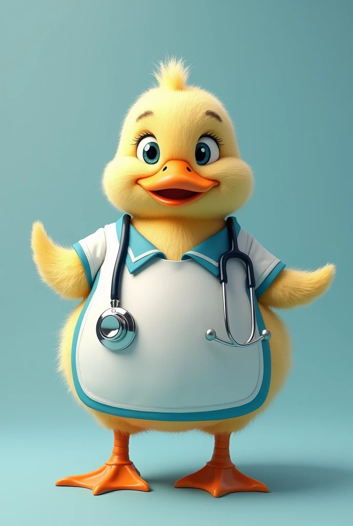 (photorealism:1.2), A duck with stethoscope and white and blue apron ,hyper realistic,fatty appearance,cute face , showing drugs as advertising