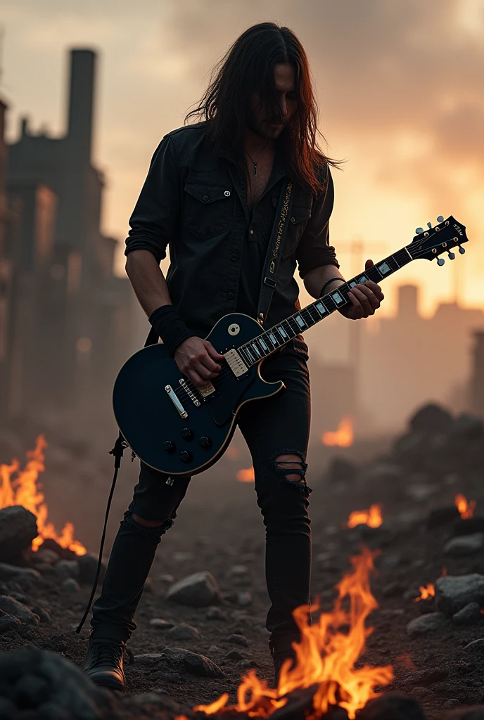 A long-haired man with his face hidden by DARK BROWN hair and NO TATTOOS and WITH black PANTS AND A RIPPED BLACK SHIRT playing a black jackson guitar in a DEVASTATED WORLD with embers on the ground at dusk with a thin cloud of smoke