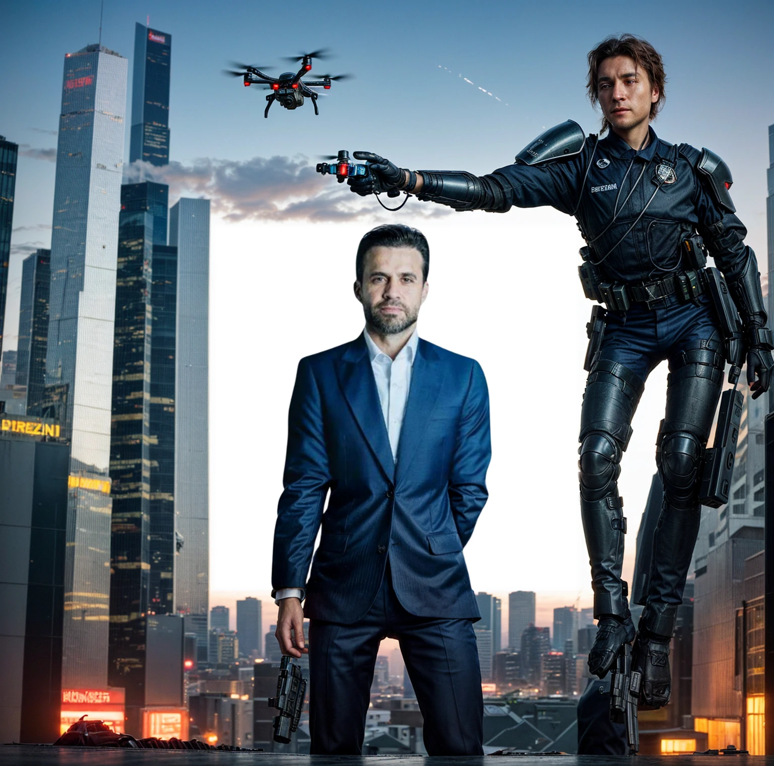 An ultra-realistic 4K landscape features a futuristic city with neon-lit glass and metal skyscrapers. State-of-the-art drones patrol the sky, strengthening surveillance and control. Not only, Security, using modern armor, proudly display the ((Brazil's flag)) No fundo. A combinação de drone e do Security cria um ambiente de ordem e proteção em uma cidade grandiosa, onde Security e nacionalismo se entrelaçam.