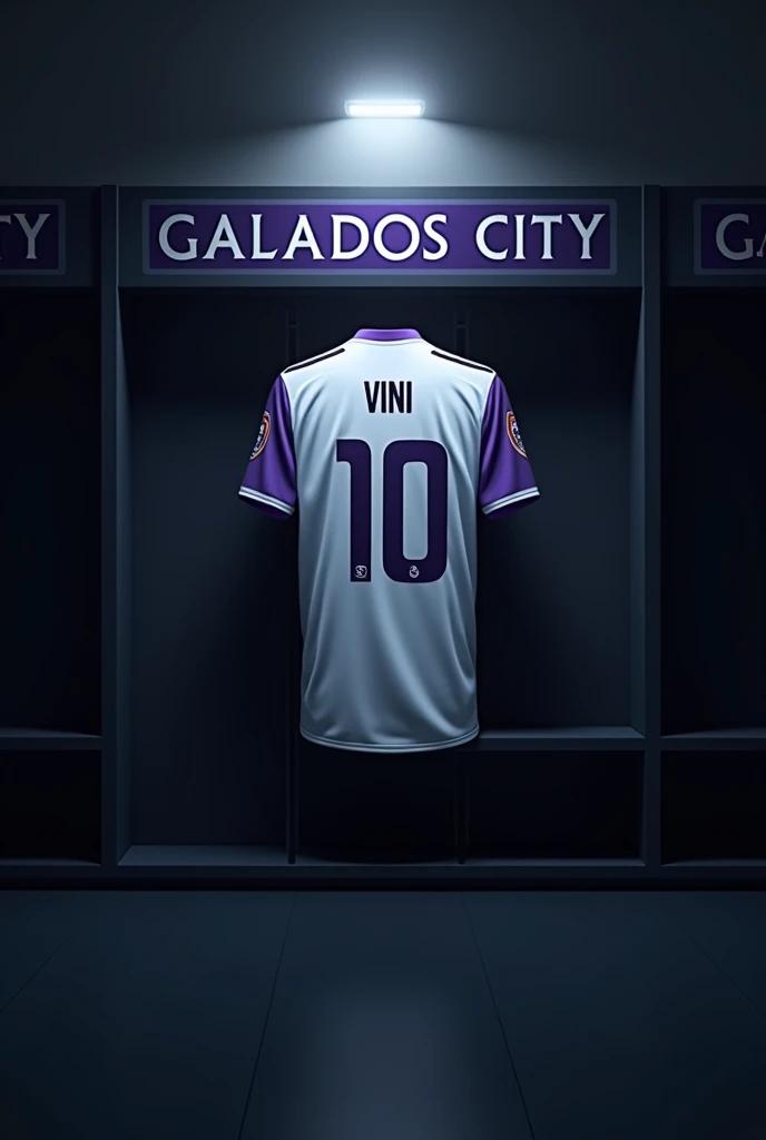 football locker room with a football player&#39;s cabin ( There should be no person in the image) In this cabin there will be a white shirt with purple details (minimalists) on the collar and sleeve the shirt must be showing the back with the name VINI highlighted and the shirt number must be number 10, the cabin at the top must contain the name of the club which is GALADOS CITY, all ambient light must be off, only the light of the sign with the name GALADOS CITY and a low light above the shirt indicating prominence must be on 