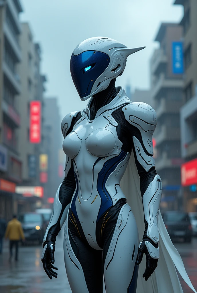 Dronificated unknown woman in a fully enclosed white latex fullbody suit with blue lights across the suit and star shaped glowing core in the chest, fully enclosed cyber helmet that cover her whole face and hides her identity with a blue screen that has a white star, huge breast, narrow waist, wide hips and thick thigs, walking down the streets in a futuristic city, raining, at night, no face, no hair, no mouth, no eyes