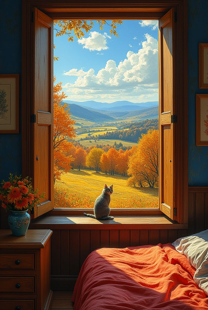 Make a Van Gogh-style picture of a window in a room with a beautiful autumn countryside landscape, with a wooden nightstand below the window and part of the wooden bed showing