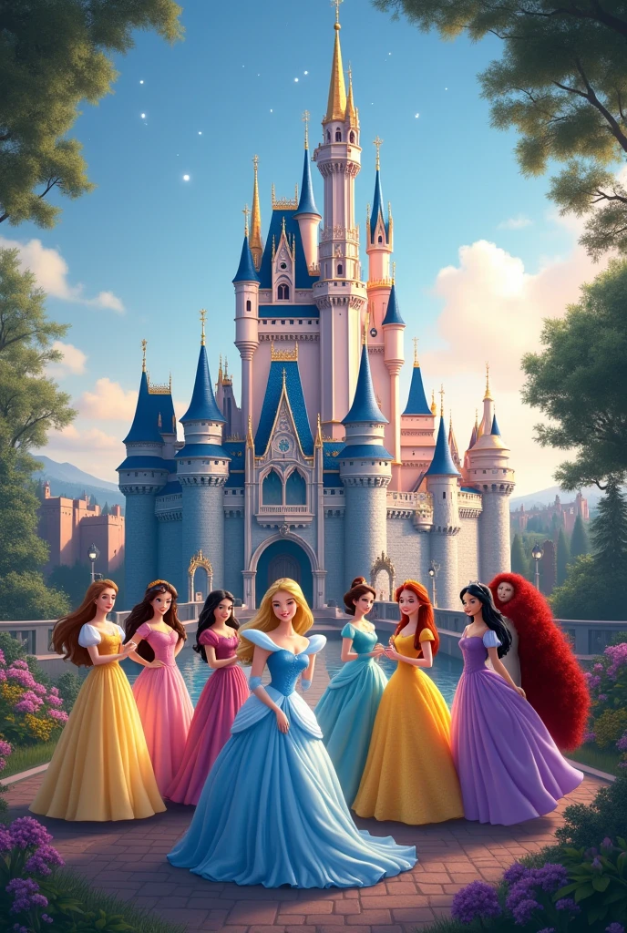 make me a picture of all the Disney princesses, with a cinderella castle in the background.