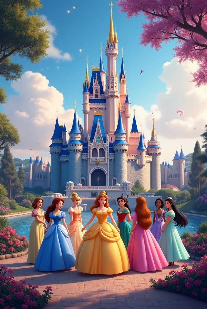 make me a picture of all the Disney princesses, with a cinderella castle in the background.