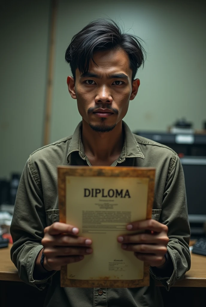 shabby young Indonesian man carrying diploma applying for job