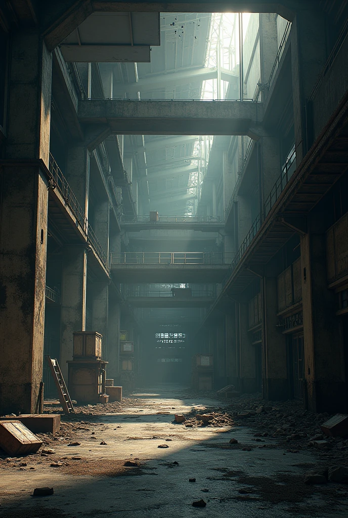 Realistic image with dark appearance with a scene of an abandoned factory