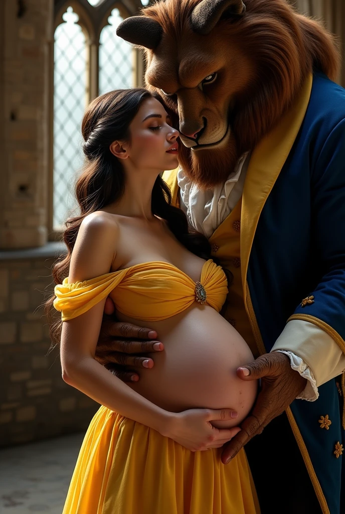 A stunning portrait of Belle from beauty and the beast, The beast is holding her, She is pregnant, holding her belly, location is Gothic Castle, young and beautiful, hyper realistic, real portrait, backlit, exquisite features, cleavage, sexy, seductive, natural light, soft light, nine months pregnant, large belly, embodiment of love, bare belly, the beast is massive