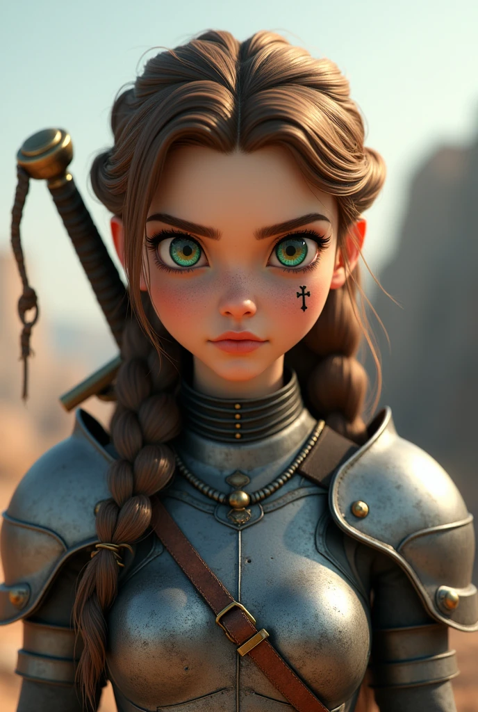 girl with light brown hair, with medieval armor, with braided hair, and a cross tattoo under the eye. One eye is light blue and the other is emerald green., White skin, and a sword on his back, in a post-apocalyptic world. 3d animated with a serious face staring at the screen, but not angry.