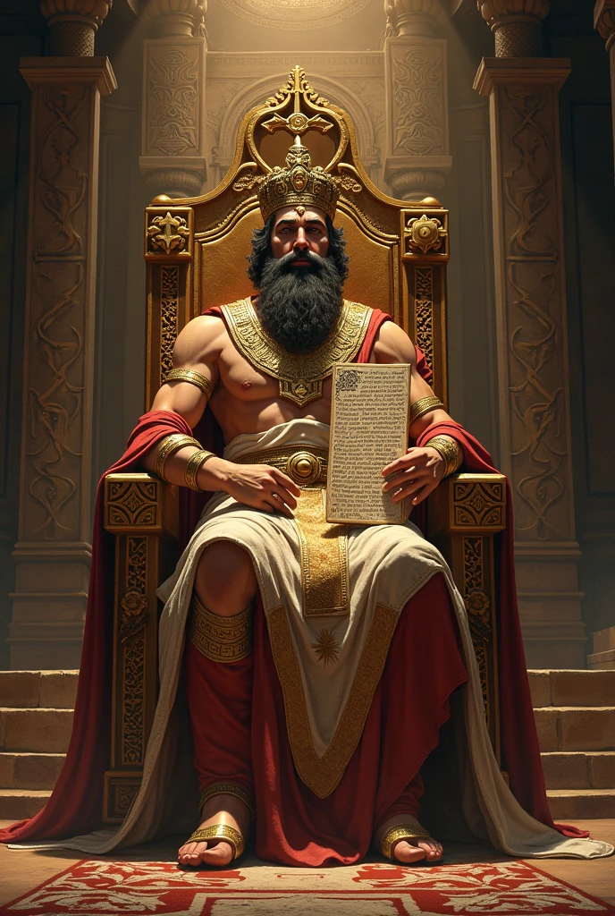 Scenario: Draw a throne with ancient details. Place King Hammurabi on the throne.
King Hammurabi: Draw Hammurabi with a crown and traditional Babylonian clothes. He must be holding a large stele.
Wake: Show the stele with inscriptions in the form of lines or symbols representing the laws.
King Speech Bubble: Draw a speech bubble coming out of the king's mouth with the text: “This is my Code of Laws, covering everything from family to commerce!” King’s Thought Bubble: Add a thought bubble above the king's head with the text: “I hope this solves all the city’s problems!”