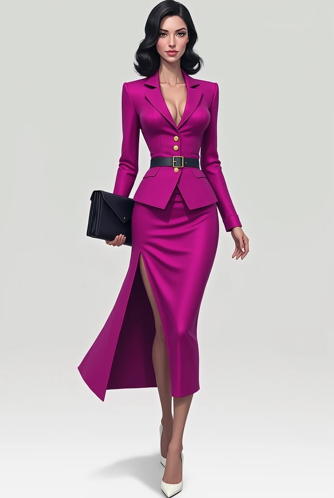Create a uniform with a waist-high blazer and long magenta sleeves, Skirt at the waist and slit on the left leg in the same color, Skin-colored pantyhose and white heels