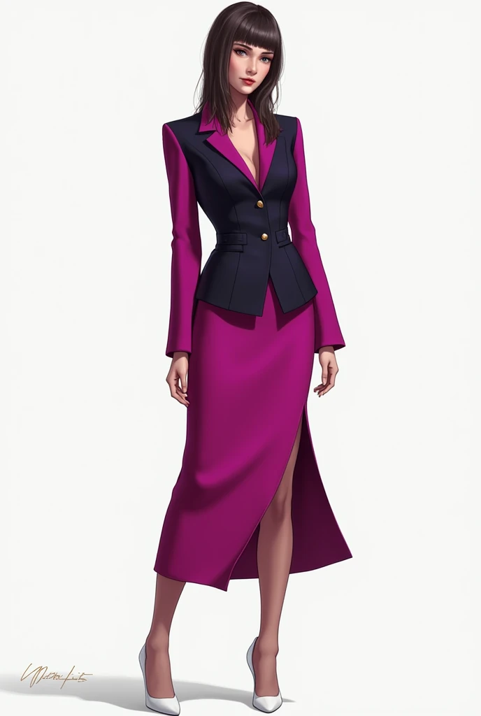 Create a uniform with a waist-high blazer and long magenta sleeves, Skirt at the waist and slit on the left leg in the same color, Skin-colored pantyhose and white heels