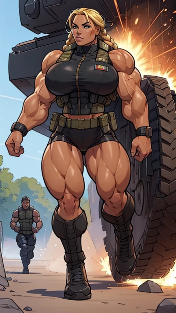 1girl, super soldier girl, coloured sketch, beautiful woman, blonde braided hair, extremely tanned, wearing special forces military suit, tactical vest, strong well defined muscle, bulky powerful bodybuilder physique, great muscle definition, perfect muscular body, massive muscular thighs, perfect round fake breasts, running in the mid of the battle, explosions,