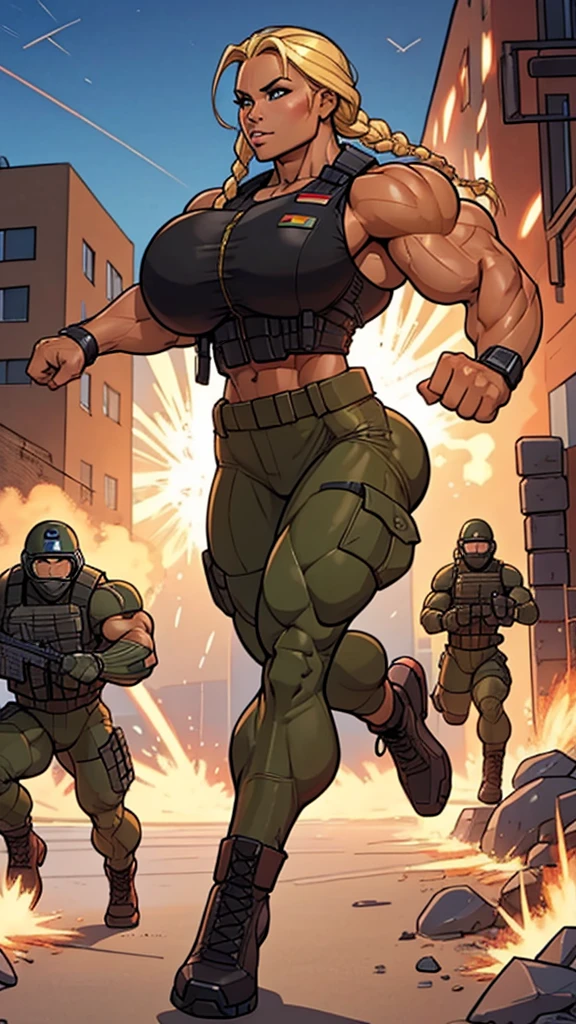 1girl, super soldier girl, coloured sketch, beautiful woman, blonde braided hair, extremely tanned, wearing special forces military suit, tactical vest, strong well defined muscle, bulky powerful bodybuilder physique, great muscle definition, perfect muscular body, massive muscular thighs, perfect round fake breasts, running in the mid of the battle, explosions,