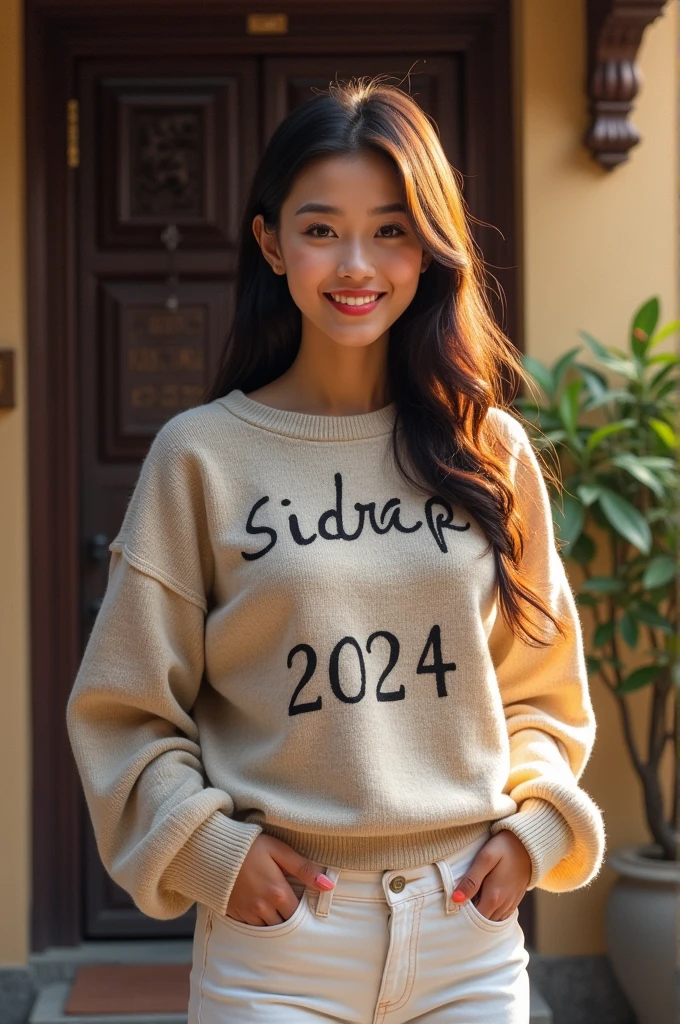create a realistic drawing of a beautiful Indonesian woman aged 25 wearing a sweater with text written on it "SIDRAP 2024",white jeans standing in front of a traditional Bugis house with text written on it "ANWAR AKIB"on the house plaque,Photo taken with Canon R6 camera and 50mm lens 1.2. The main octa light comes from the top right corner.