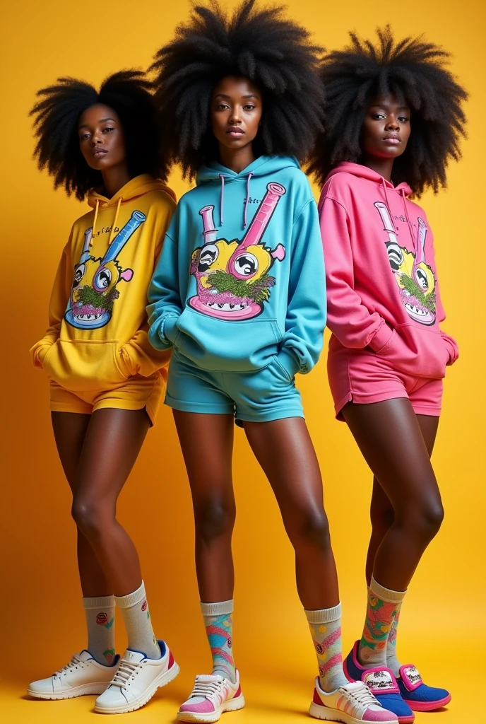 design 3d sexy comfortable house shorts with vibrant stoner colors for african american women. the logo on the clothes a anti-gravity bong character with indica floating inside. design matching socks and slippers. the brand name l.i.f.t. clothing should be visible on the clothes.