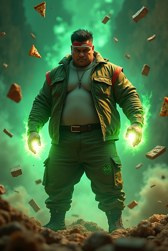 20year old bangladesh man , nepal (fat body. belly fat chubby body type.) sharp eyes. chubby face. dark skin. man . Anger face. Open mouth. wear headband red whitr. . wearing an (green red stripe jacket) future shirt . anger faces, short hairstyle . Dramatic.. stand on lava ,( camouflauge green)cargo pant,, detailed face, cinematic lighting, dramatic atmosphere,.hot day. vibrant colors, 8k, high quality, photorealistic. Hero suit.. ha,army green logo design on pant . Very strong. Future design dress. Very epic. Very hot background.. dark sky. Very strong . . Flying floating pizza, candy. chocolate bar everywhere..Shadow power from hand Floating small rock everywhere.have a power turn anything to the food. ((glowing yellow ))green two finger on both side. upper tilt shift shoot photograpy. jump effect.