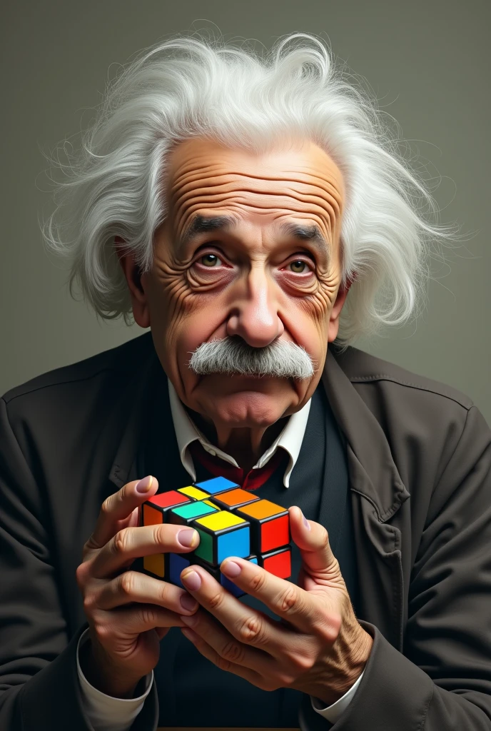 Elbert Einstein holding 3x3 rubik's cube in hand image