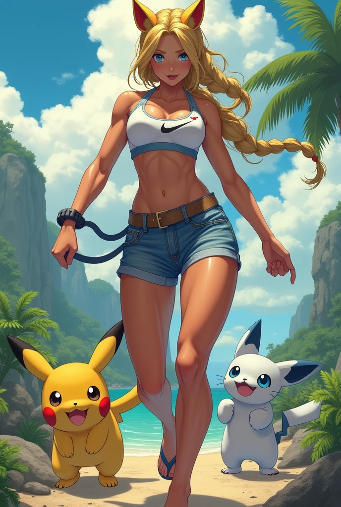 Extremely muscular woman bodybuilder like a hero martial artist body great physical attributes tanned brown skin she has light sun marks from her bra and thong panties in Vê, She is blonde with long hair and has two long braids and cat ears, cat eyes with two different colors, the left one is pool blue and the right one is yellow, both eyes have cat pupils, easy painting super saiyan four, wearing a Nikke women's sports top, a pair of denim shorts and flip-flops. Pokémons walking around. Brazilian scenery background