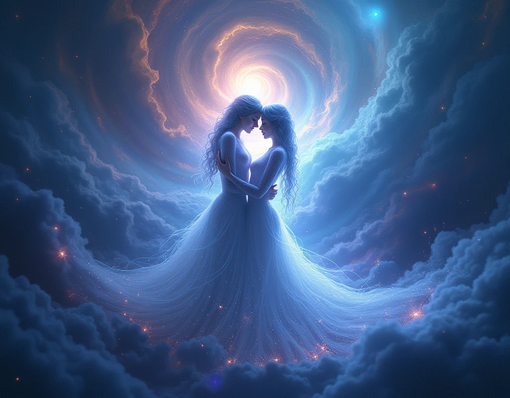 Celestial Embrace: Ethereal, celestial bodies, swirling nebulae, cosmic blue and purple hues