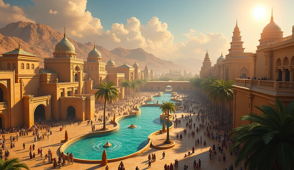 A depiction of the Kingdom of Sheba as an ancient city, with imposing palaces and temples surrounded by vibrant markets. The city is shown in its prime, with water fountains, lush gardens and architecture that blends Arabic and African influences.