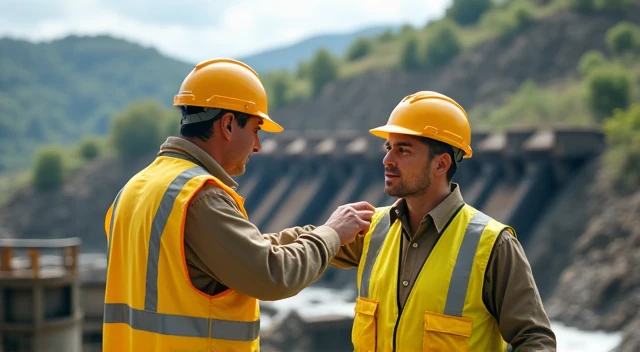 Man with yellow vest and yellow helmet showing another man with the same clothing a hill with hydraulic mills