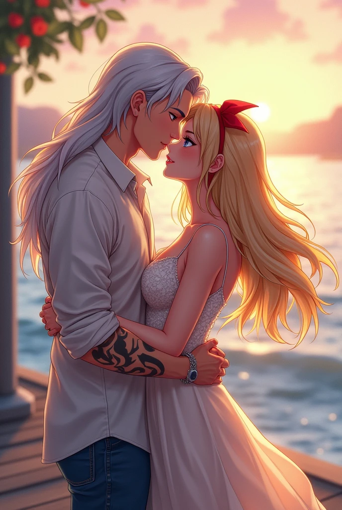 I would like to get an anime-style image of a couple consisting of a man with long platinum hair below the shoulders, blue eyes, jeans, a light shirt with sleeves rolled up to the elbow, a tattoo on his arm, he kisses a young incredibly beautiful femme fatale blonde with long golden hair, blue eyes, a red bow on her hair, on She has a beautiful dress. It's warm, August, evening, a romantic little town. they are happy, in love. the sea pier.