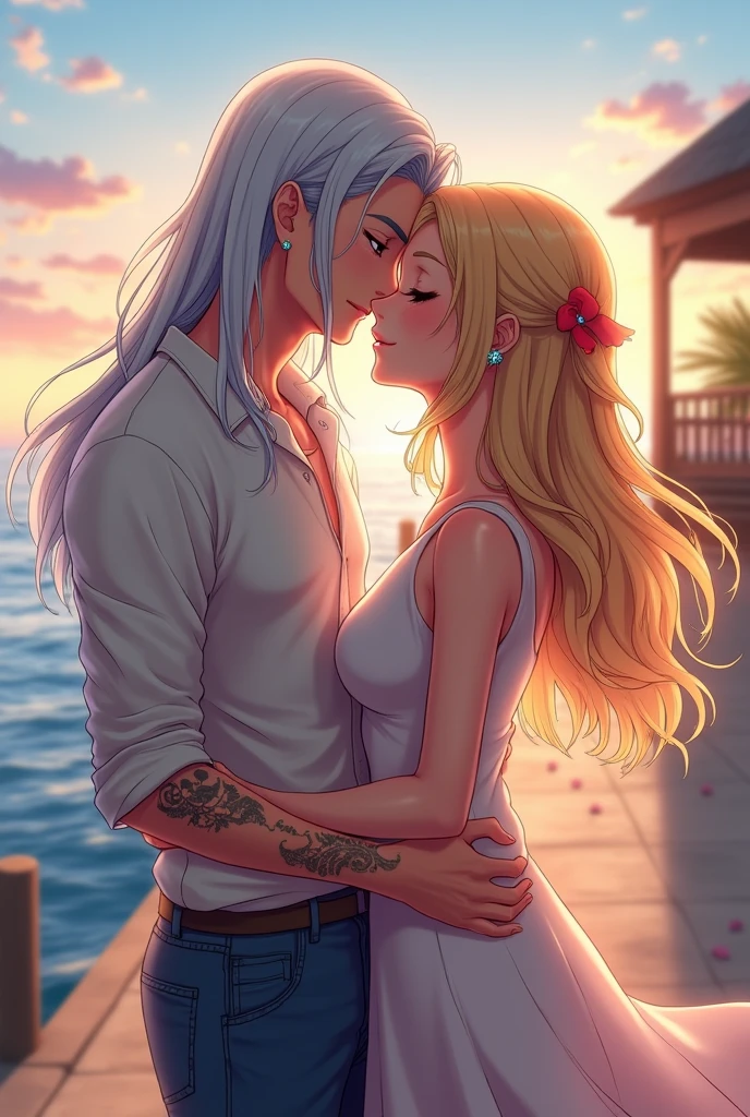 I would like to get an anime-style image of a couple consisting of a man with long platinum hair below the shoulders, blue eyes, jeans, a light shirt with sleeves rolled up to the elbow, a tattoo on his arm, he kisses a young incredibly beautiful femme fatale blonde with long golden hair, blue eyes, a red bow on her hair, on She has a beautiful dress. It's warm, August, evening, a romantic little town. they are happy, in love. the sea pier.