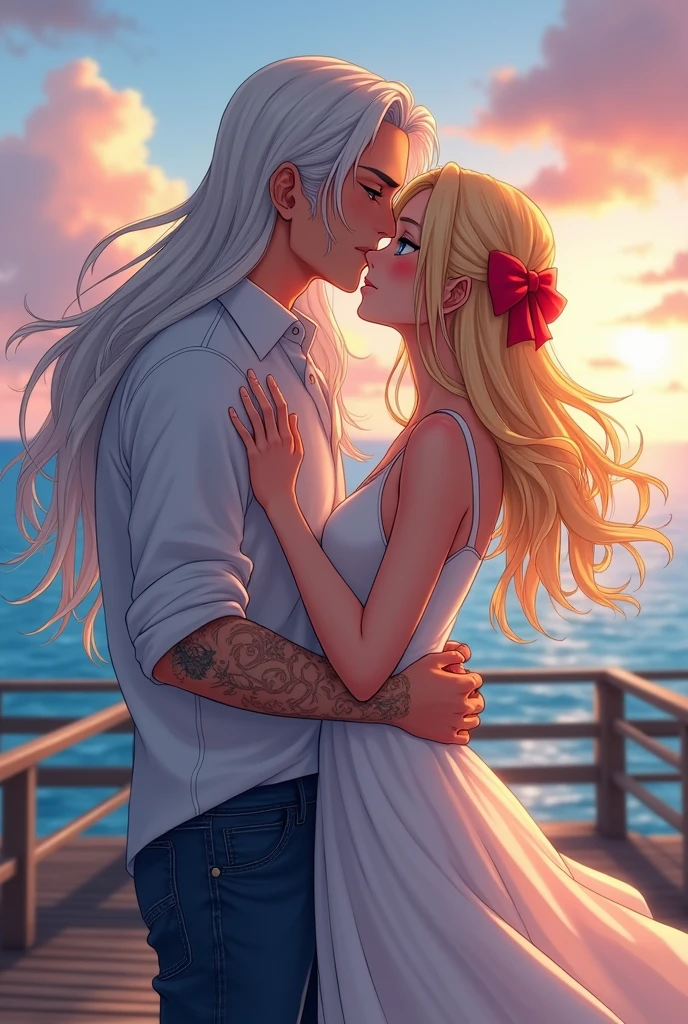 I would like to get an anime-style image of a couple consisting of a man with long platinum hair below the shoulders, blue eyes, jeans, a light shirt with sleeves rolled up to the elbow, a tattoo on his arm, he kisses a young incredibly beautiful femme fatale blonde with long golden hair, blue eyes, a red bow on her hair, on She has a beautiful dress. It's warm, August, evening, a romantic little town. they are happy, in love. the sea pier.