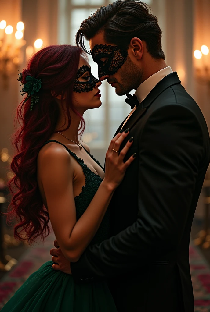 - A couple at a masquerade ball.
- The woman has wine-colored hair, not too fat not too thin, dark shaped eyes, loose hair with waves.wine nails and wears a dark emerald green dress with a black mask with lace.
- The man is tall, brawny, most marked face, with dark hair, blue eyes and wears a black suit with a wine colored mask.
- The scene must show them full body, sami, in a beautiful exchange of glances, gazing, com o homem apresamintando um aspecto mais sombrio.
Um casal de Dark romance ,