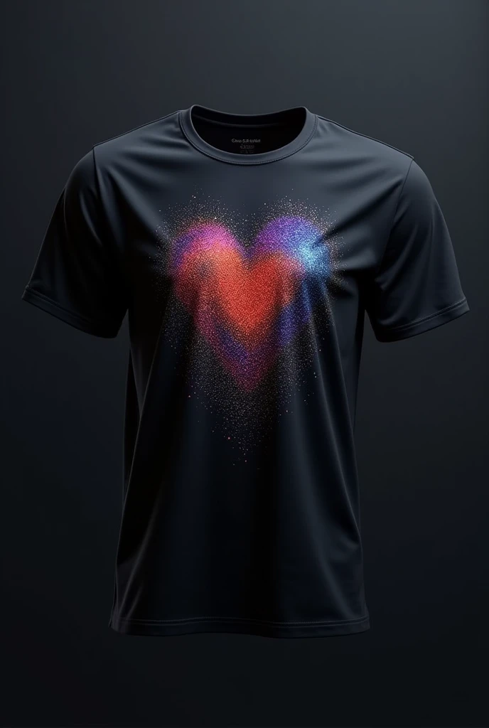 realistic image, of a print on a black t-shirt with an ink containing glitter-like particles with an iridescent effect of red colors, blue and violet. The printed t-shirt must be seen, The iridescent effect is only in the print and it can be seen that the change in tone is due to the change in tone is due to an optical phenomenon characterized as the tone of the light varies according to the angle from which the surface is observed and that it is in glitter-type particles in the print.