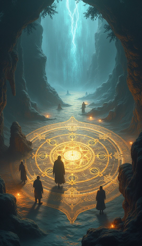 Ancient map with magical symbols.Shadowy figures at the edge of a shimmering Veil. Swirling, ethereal colors hinting at Vyrelyn.Glowing orbs and arcane symbols emphasizing mystery and transformation.