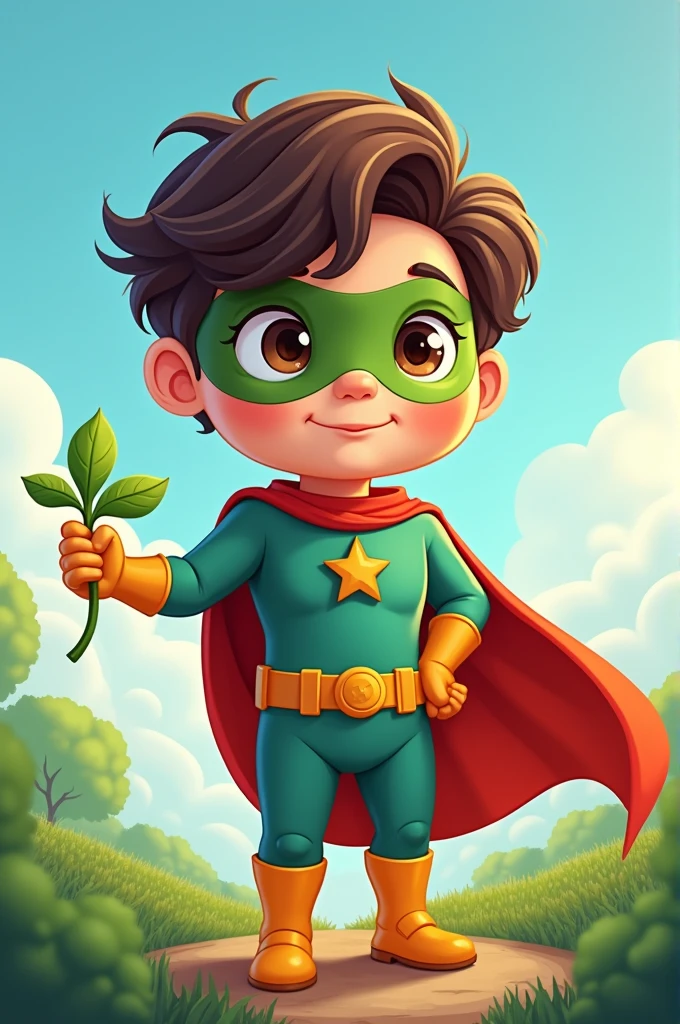 Create an image of a superhero child taking care of the planet and plants, Animated Cartoon Version, easier to draw it