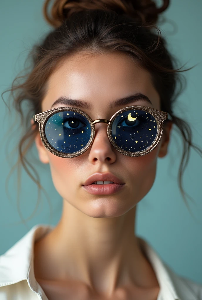 The model is wearing glass sunglasses with stars and the moon on the glass