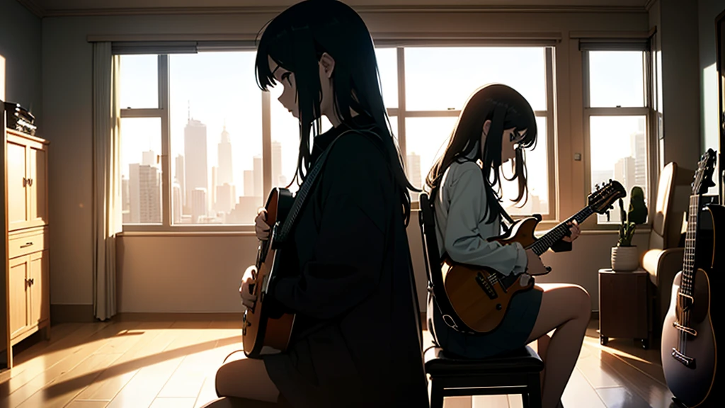 Create an image of a girl playing a guitar, sitting in a chair in profile, in front of the window in her room, calm atmosphere. Design the silhouette of the picture perfectly, don't duplicate the guitars, don't duplicate the picture of the girl.