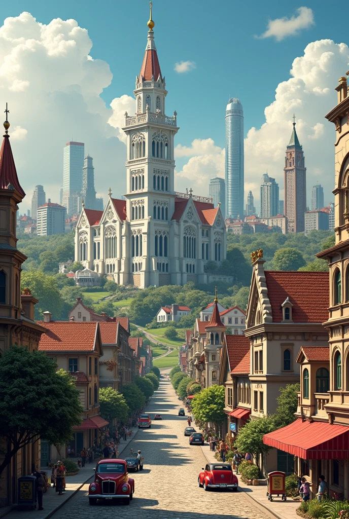 victorian city. with rustic and agrarian style. Green fields and several modern buildings contrast to form a modern and ancient city. It has tall, long buildings and at the same time Victorian buildings. , that has roads and cars passing by, it's a 21st century city. A large white Gothic style church with colorful structures and statues.