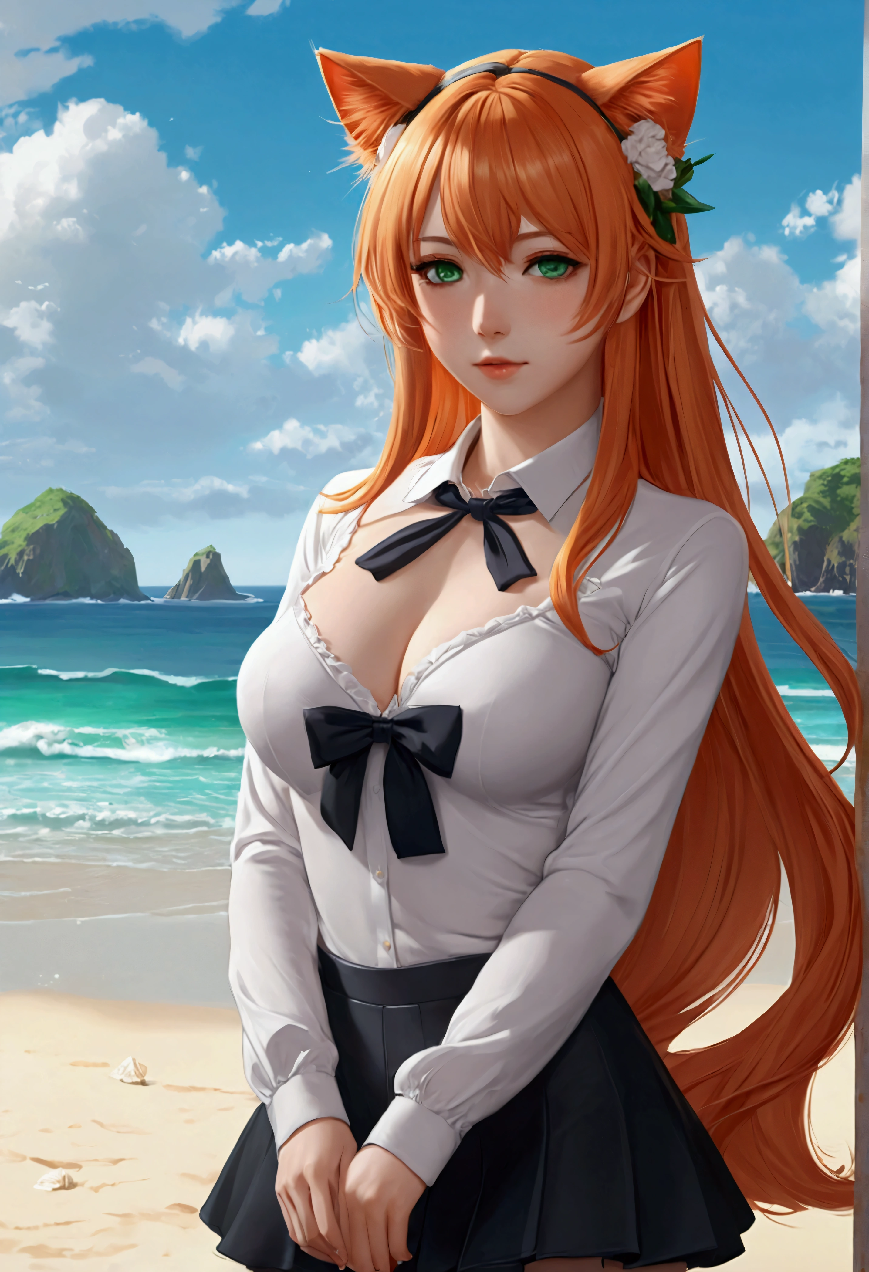 anime girl with long orange hair standing on beach near ocean, green eyes detailed digital anime art, cat ears, , anime girl with long hair, smooth anime cg art, anime girl with long hair, average breast size, digital anime art, artwork in the style of guweiz, beautiful anime portrait, photorealistic anime girl render, beautiful anime girl, advanced digital anime art, pantyhose, guweiz on artstation pixiv upscale HD UHD HQ
