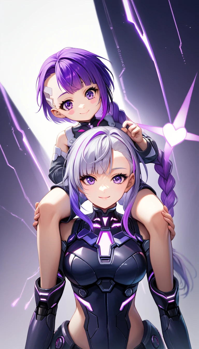 score_9, score_8_up, score_7_up, score_6_up, score_5_up, score_4_up, source_anime, rating_safe, (2girls, different girls), (purple streak), purple streak hair, purple hair, (purple eyes), well-aligned eyes, detailed face, very long hair, grey hair, braided ponytail, purple white gradient hair, two girls sitting, side by side, (wearing cyber suit), bare shoulders, breastplate, (energy disk on chest), (carrying, on shoulders, shoulder carry, on back, arms around neck), looking at you, better hands, perfect hands, detailed fingers, covered body: 1.1, colored cyber suit, (white and purple gradient hair, braided ponytail, hair ornaments, simple bangs, asymmetrical bangs), (love theme, heart stickers), double eyelids, feeling happy, joy, kind, lips together, closed mouth, cute expression, low lighting, close pov view, anatomically correct, very intricate, high quality details, cyberpunk background, future city