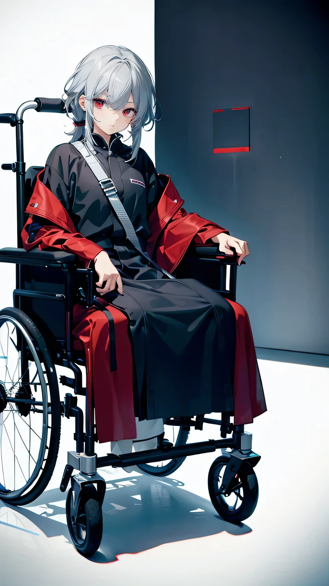 Gray Hair、Red Eye、Missing arm、One person,wheelchair、One arm is missing.