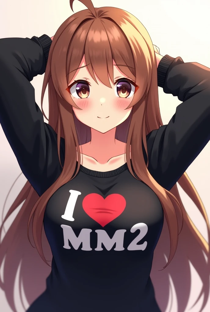 Anime style girl with brown hair wearing a black sweater that says I love mm2 with bare shoulders, long hair, black skirt, light pink cheeks, anime style, who has her hands on her head back and smiles and who has big breasts, long hair and noticeable breasts.