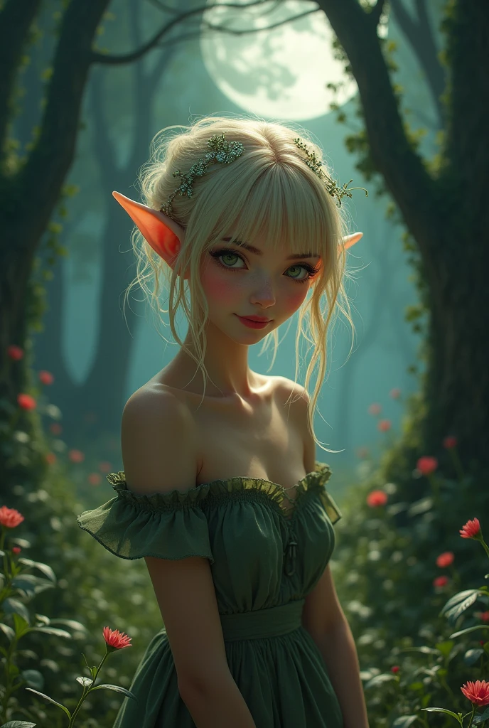 a blonde girl, raining portrait,Mermaid Leaf Leaf Dress Pointed Ears